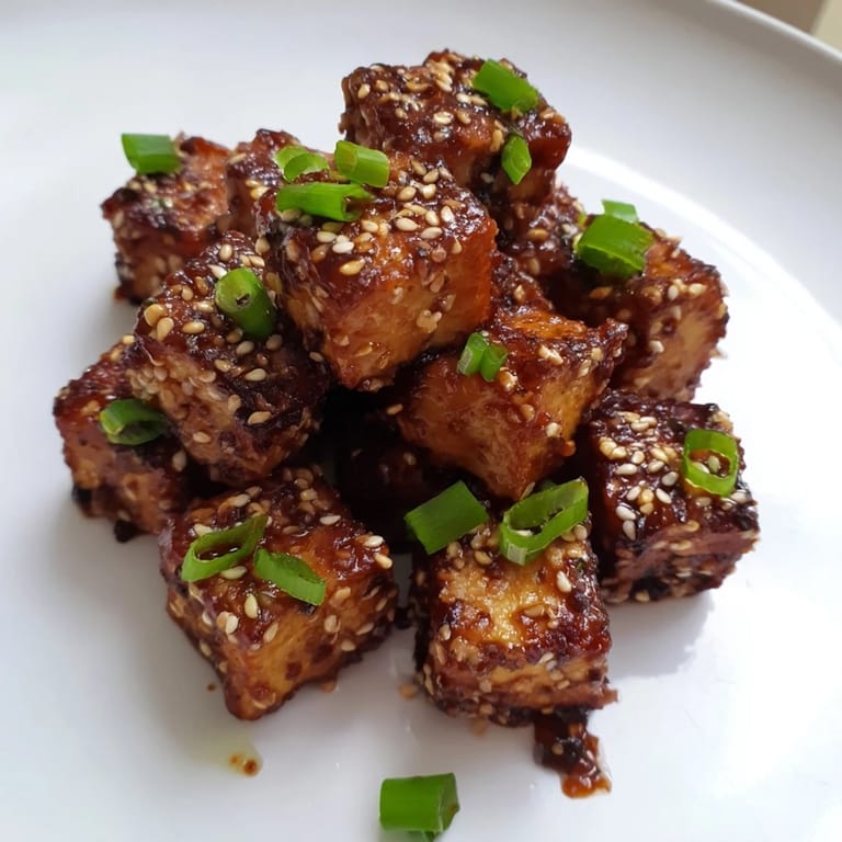 Close-up of golden honey gochujang tofu cubes, perfectly coated in a sweet and savory sauce.