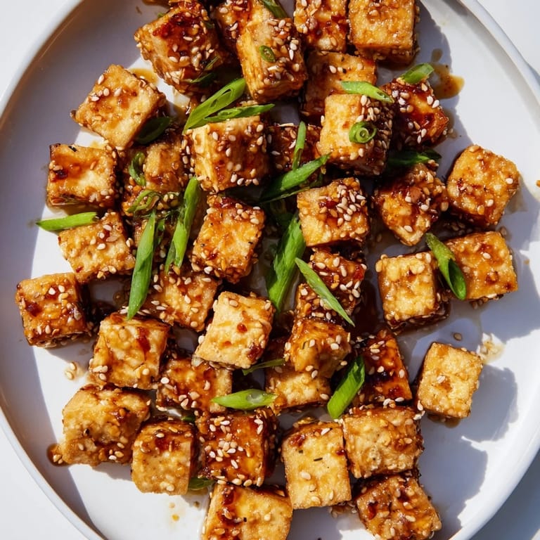 Savory honey gochujang tofu, garnished with sesame seeds and green onions, a delicious main.