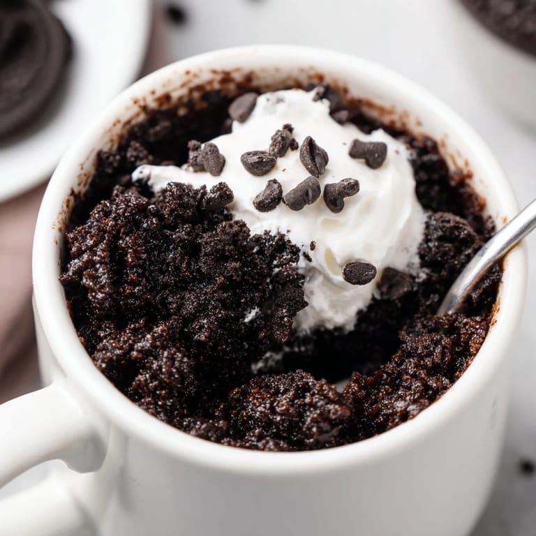 Close-up of a perfectly cooked Oreo Mug Cake, rich and decadent, a delicious single serving.