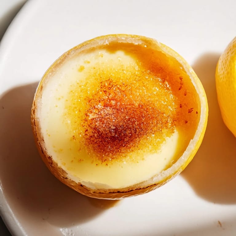 Magnificent close-up showing silky Lemon Brûlée Posset, garnished and ready to serve on a white plate.