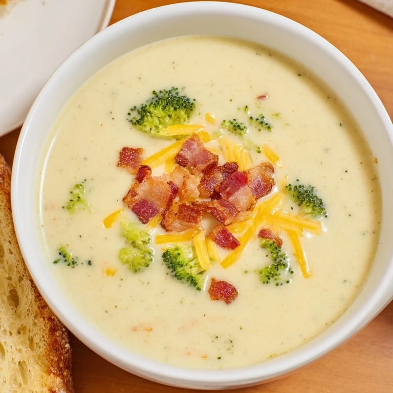 Steaming bowl of broccoli cheddar soup served with golden, crispy buttered bread.