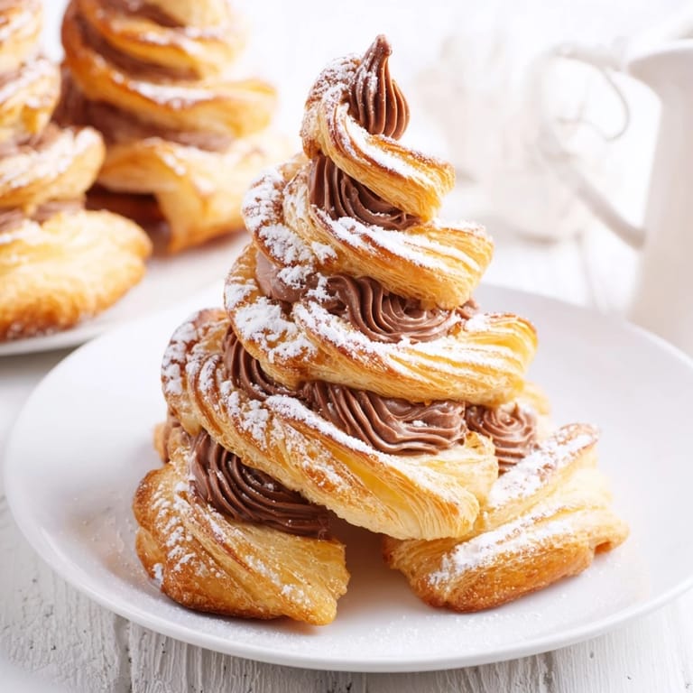 Festive Christmas trees made of flaky pastry, layered with Nutella, offering a delicious, chocolatey bite.