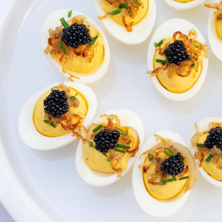 Creamy deviled eggs, adorned with glistening caviar and golden crispy shallots, ready to serve.