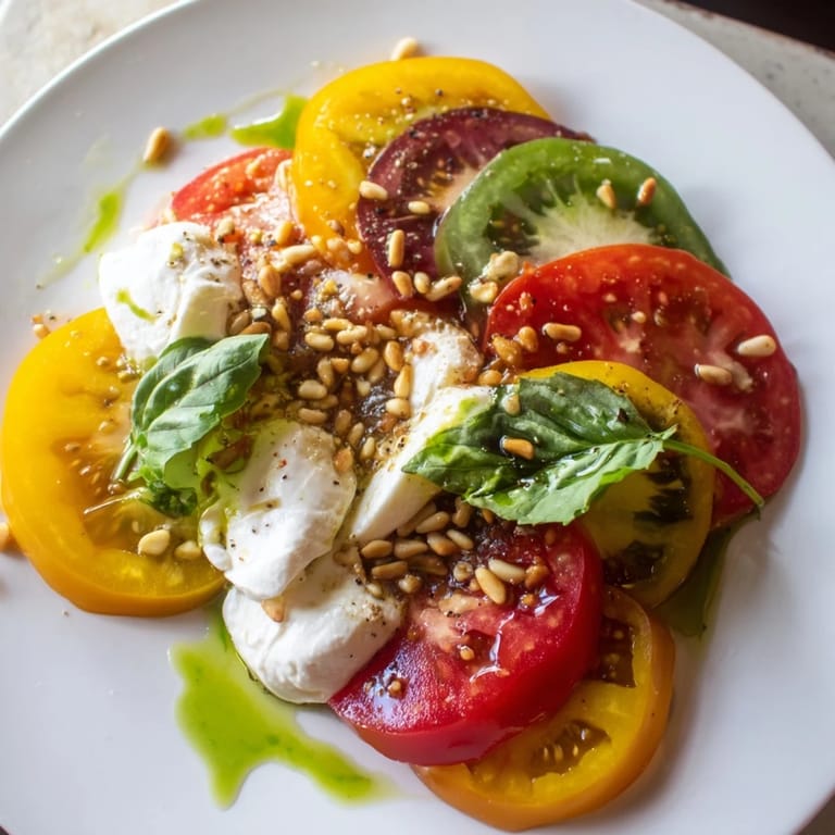 Beautifully arranged heirloom tomato salad board: a colorful appetizer for sharing with crusty bread.