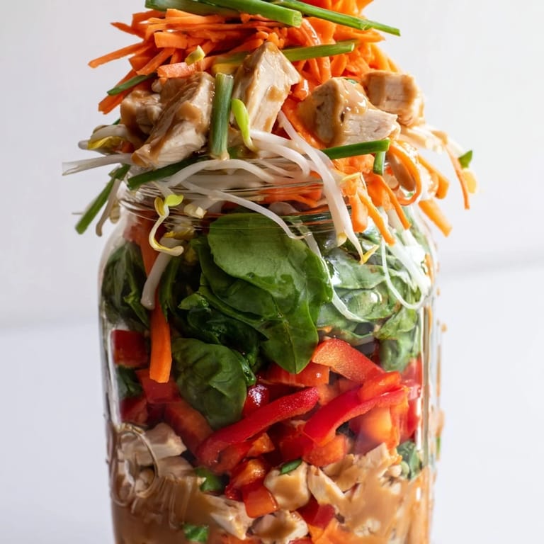 A delicious, layered mason jar Noodle Meal Prep, showcasing noodles, veggies, and savory sauce, perfect for lunches.