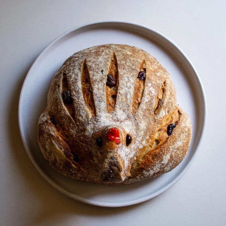 Artisan turkey-shaped sourdough bread, with decorative feathers, perfect for a striking holiday centerpiece.