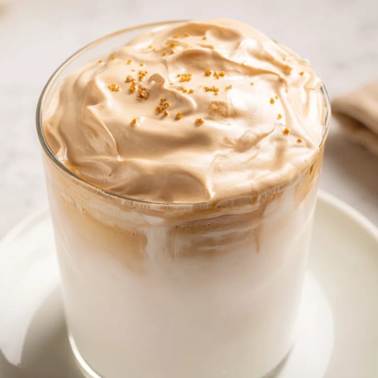 Enjoy a delightful sip of this easy Whipped Dalgona Coffee, ready in minutes with milk and ice.