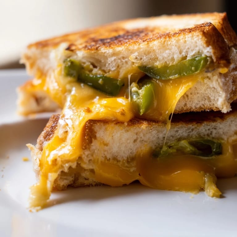 Crispy-edged Cheddar Jalapeño Grilled Cheese oozes with melted cheese, perfect for dipping in tomato soup.