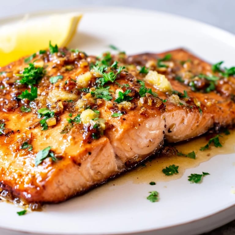 A close-up of tender honey garlic glazed salmon, showcasing the caramelized, flavorful glaze.