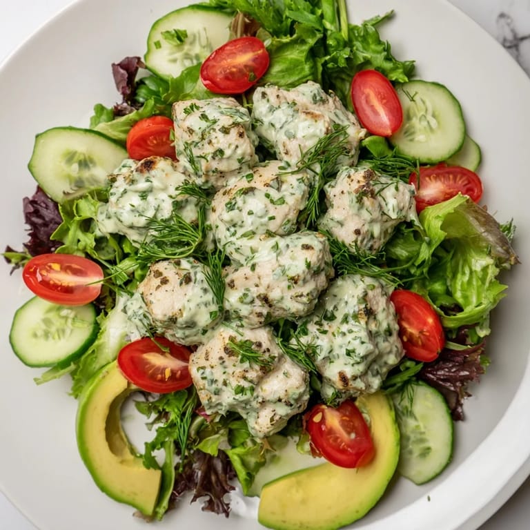 Chunky pieces of Green Goddess Chicken Salad are mixed in a bright and flavorful dressing.