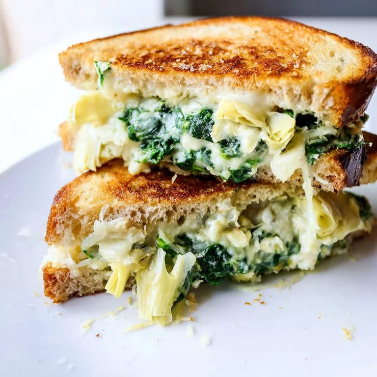 A close-up of a Spinach Artichoke Grilled Cheese, perfect with a warm, melty cheese pull.