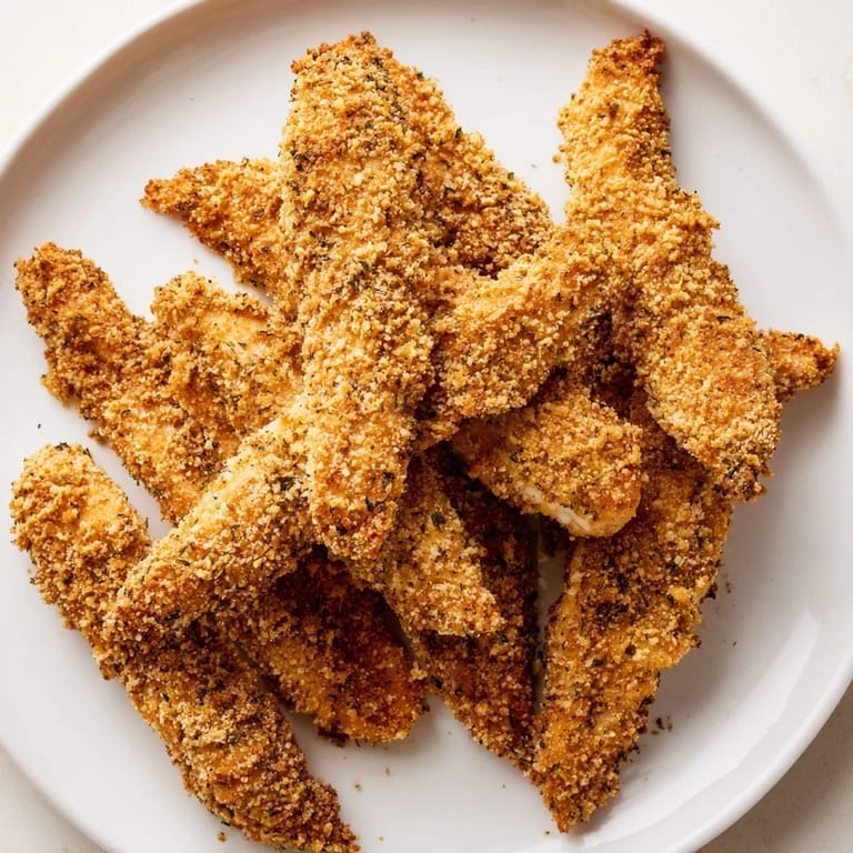 Oven-baked Crispy Panko Chicken Strips, boasting a satisfying crunch and seasoned with aromatic herbs.