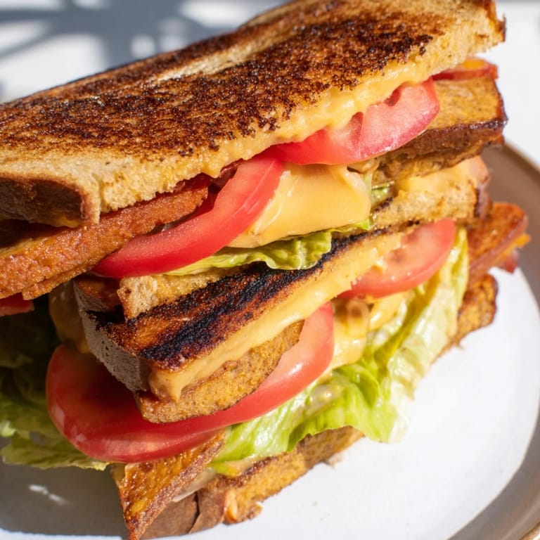 A close-up of a perfectly grilled Vegan Bacon BLT Grilled Cheese, ready to be sliced in half.