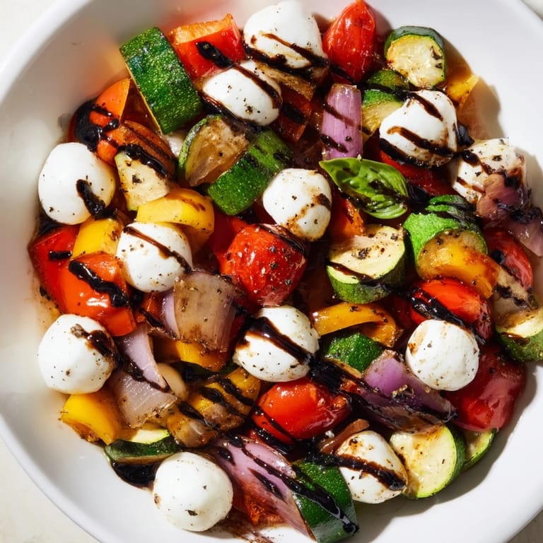 Fresh basil topping the flavorful Roasted Veggie Caprese Salad with balsamic glaze drizzle.