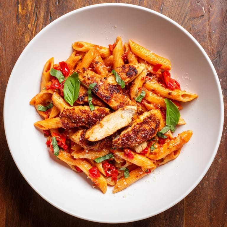 Close-up of Spicy Tomato Chicken Pasta, showcasing the rich tomato sauce and golden chicken.