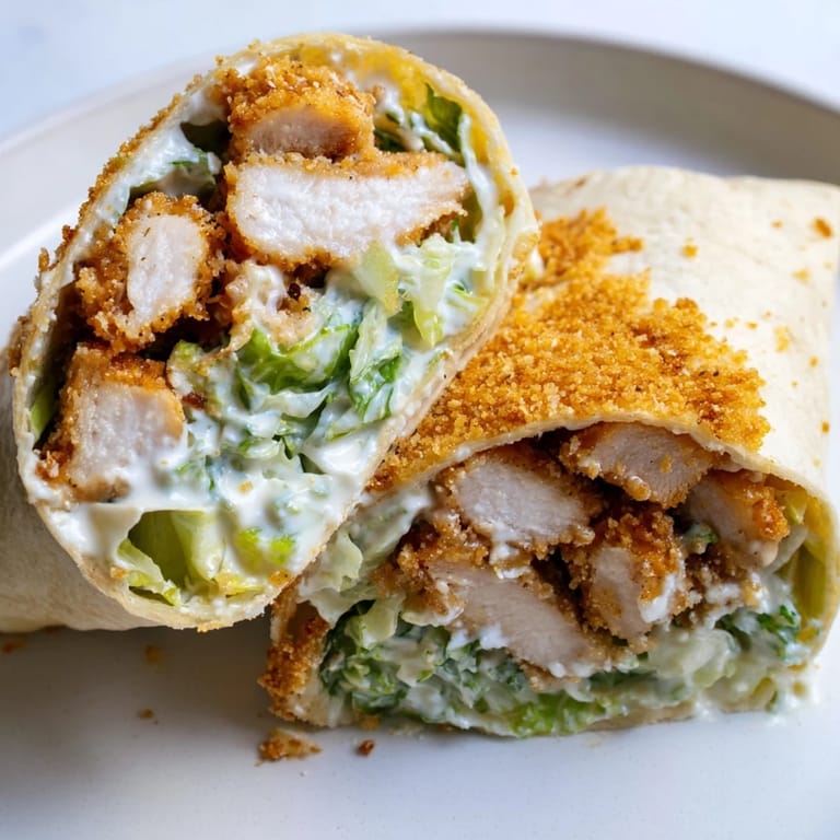 Close-up of a perfectly rolled crispy chicken Caesar wrap, ready to eat with a flavorful bite.