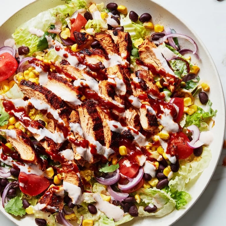 Close-up of BBQ chicken salad: the smoky chicken and fresh textures of a refreshing salad.