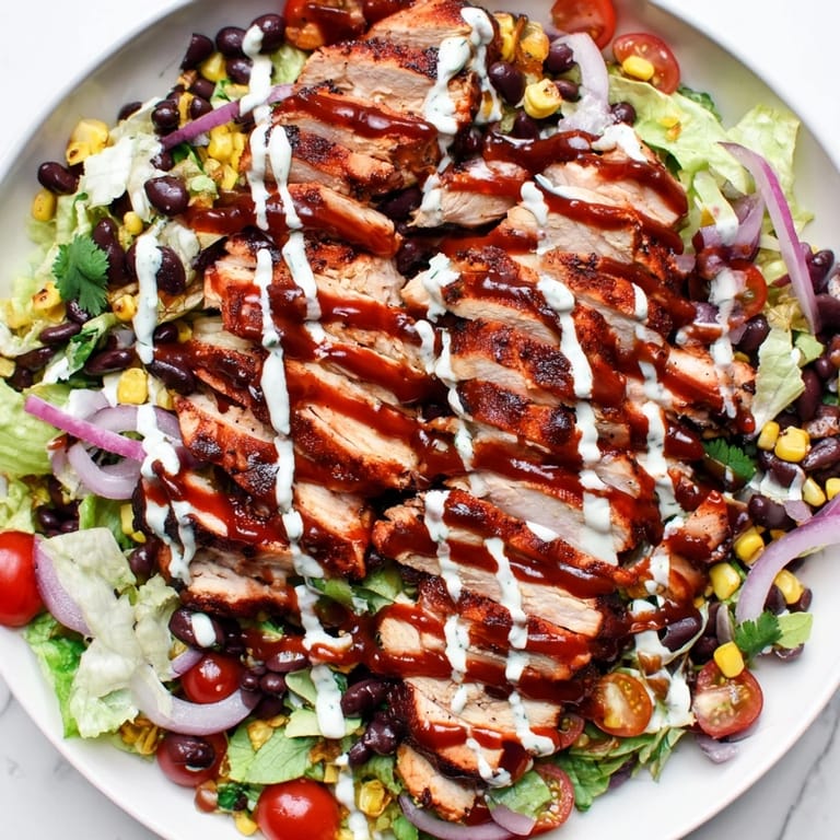 A beautiful view of the BBQ chicken salad: tender chicken, vibrant vegetables, and creamy drizzle.