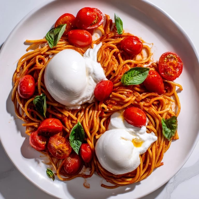 Delicious Burrata Caprese Pasta with glistening tomatoes and creamy cheese, a comforting Italian meal.