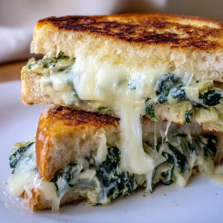 A close-up shot of a golden Artichoke Spinach Grilled Cheese, perfectly grilled on sourdough.