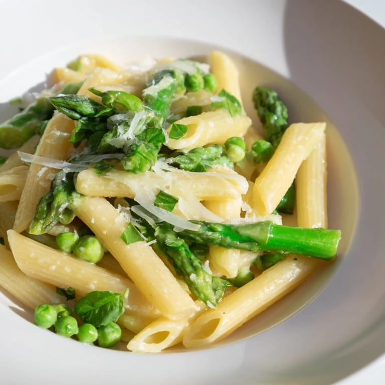 Tender penne pasta coated in creamy Garlic Parmesan Spring Vegetable Pasta, garnished with herbs.