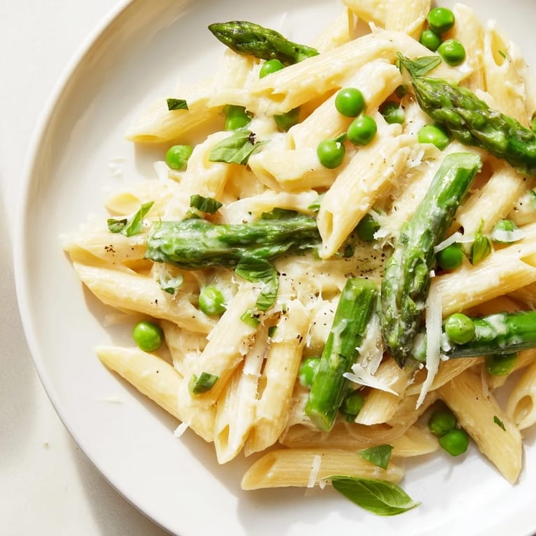 A flavorful bowl of Garlic Parmesan Spring Vegetable Pasta with fresh spring vegetables and Parmesan.
