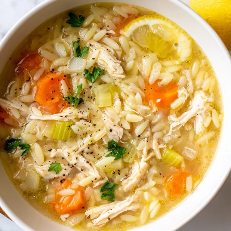 A close-up shot of Lemon Pepper Chicken Orzo Soup, showcasing the tender chicken and pasta.