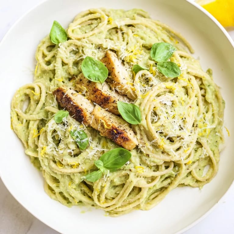 A close-up of creamy avocado chicken pasta with fresh basil, showcasing a rich and silky texture.