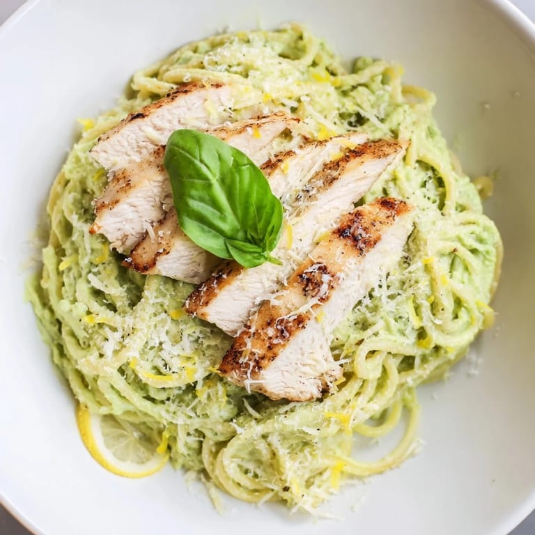 Delicious creamy avocado chicken pasta, perfectly plated with Parmesan cheese, ready for a flavorful meal.