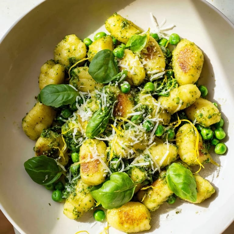 A close-up shot of the delicious Pesto Pea Gnocchi Skillet, tossed with Parmesan and fresh basil.