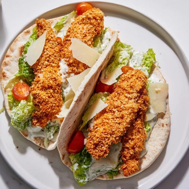 Handheld and vibrant, a Crispy Chicken Caesar Pita overflowing with fresh Caesar salad and chicken.