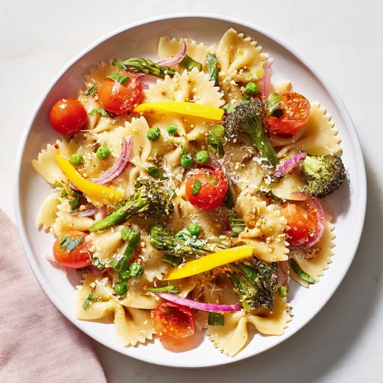 Freshly made Rainbow Veggie Pasta Primavera, featuring seasonal vegetables, ready to be enjoyed.