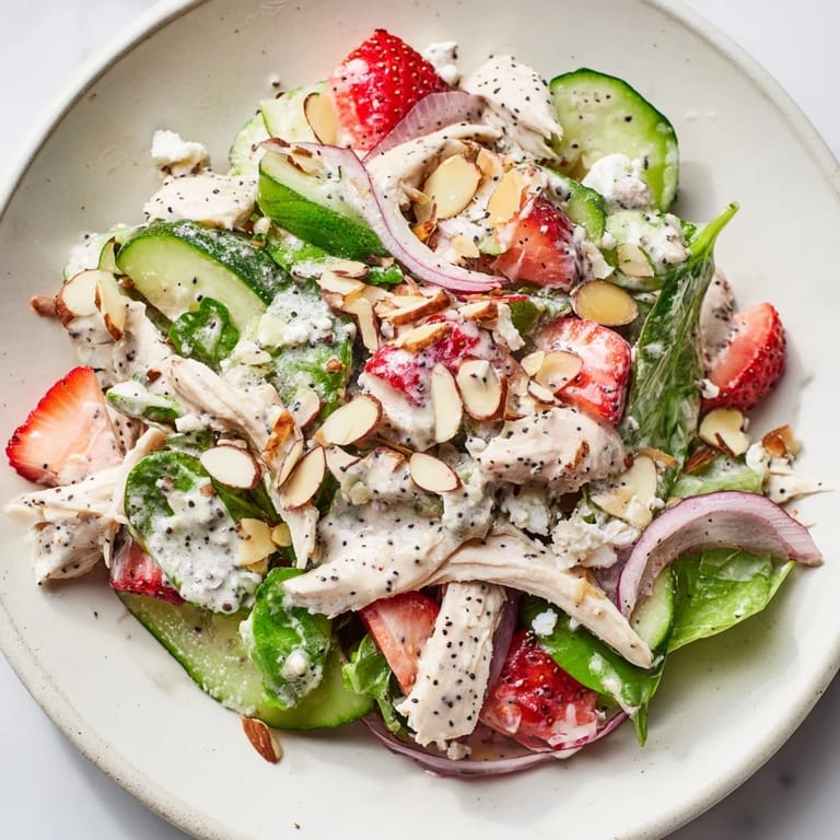 Close-up of a delightful Strawberry Poppy Seed Chicken Salad, a refreshing summer salad ready to serve.