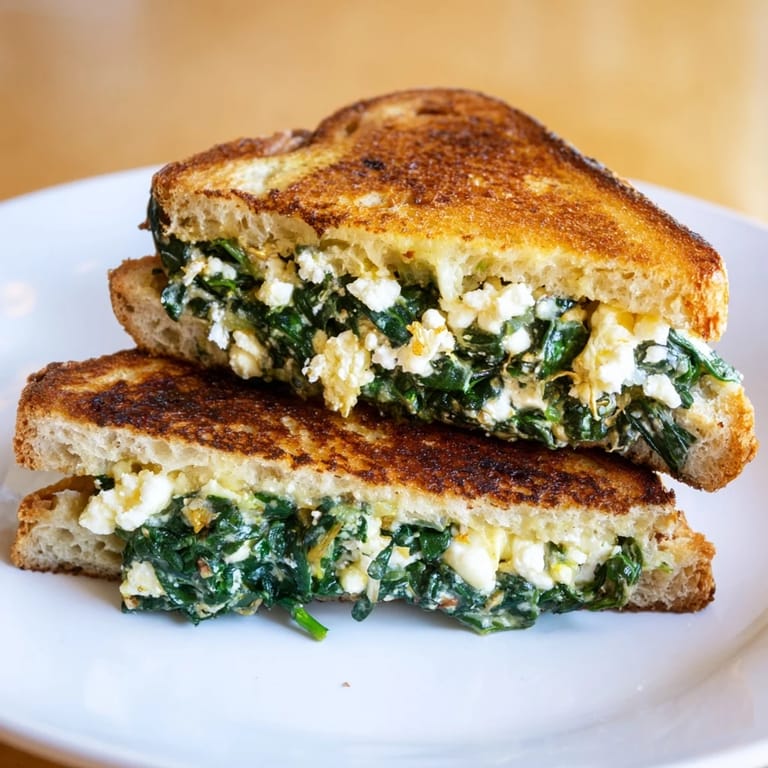 A close-up of a warm, melty Feta & Spinach Stuffed Grilled Cheese, a delicious vegetarian sandwich.