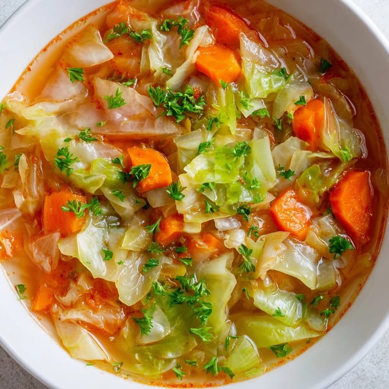 Sopa de repollo clásica recién hecha, con perejil fresco espolvoreado y vapor elevándose del caldo nutritivo.
