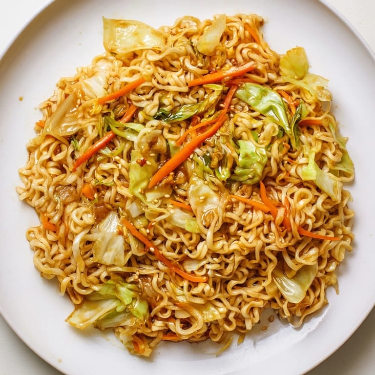 Fried Cabbage Ramen servido con zanahoria en tiras y cebolletas frescas sobre un bol oscuro