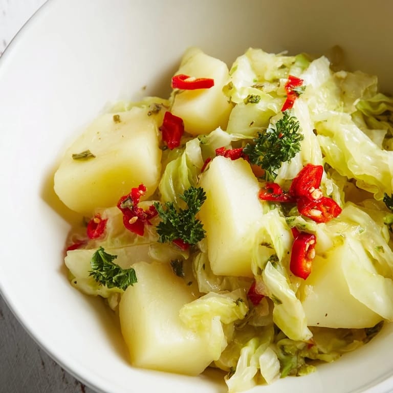 Repollo braisé con papas y chiles servido caliente con perejil y limón, un plato vegetariano apto para cenas acogedoras.