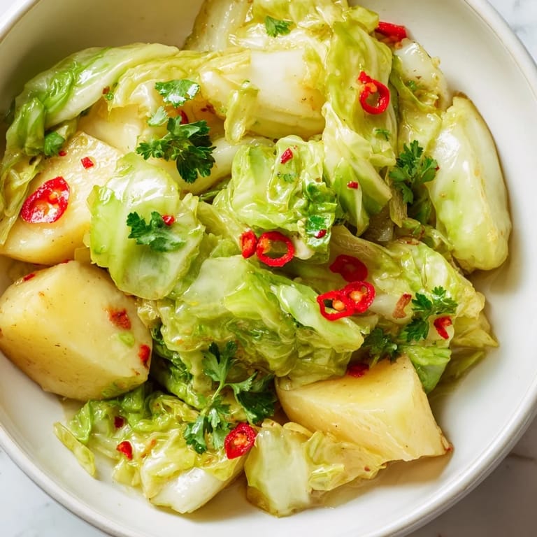 Olla holandesa con repollo braisé, papas y chiles ahumados, mostrando hojas melosas y jugos espesos ideales para comidas caseras.