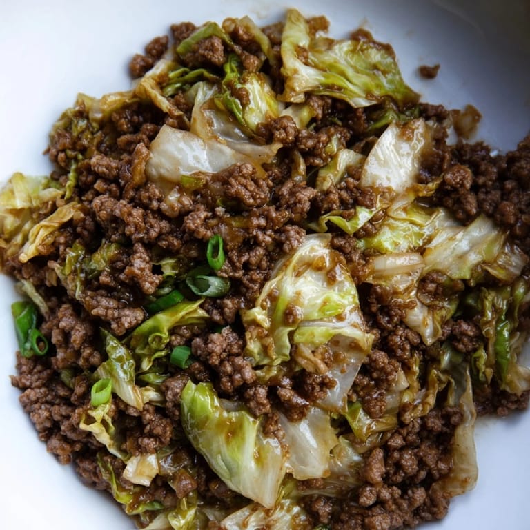 Spoon serving Chinese Ground Beef and Cabbage Stir-Fry, steam rising, a quick savory meal ready in under 30 minutes for families.