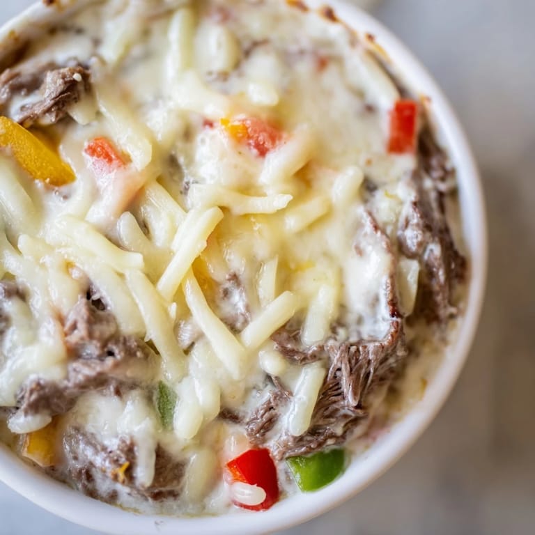 Hot Philly Cheesesteak Dip fresh from the oven, golden cheese pull, and colorful peppers in a rich, creamy sauce.