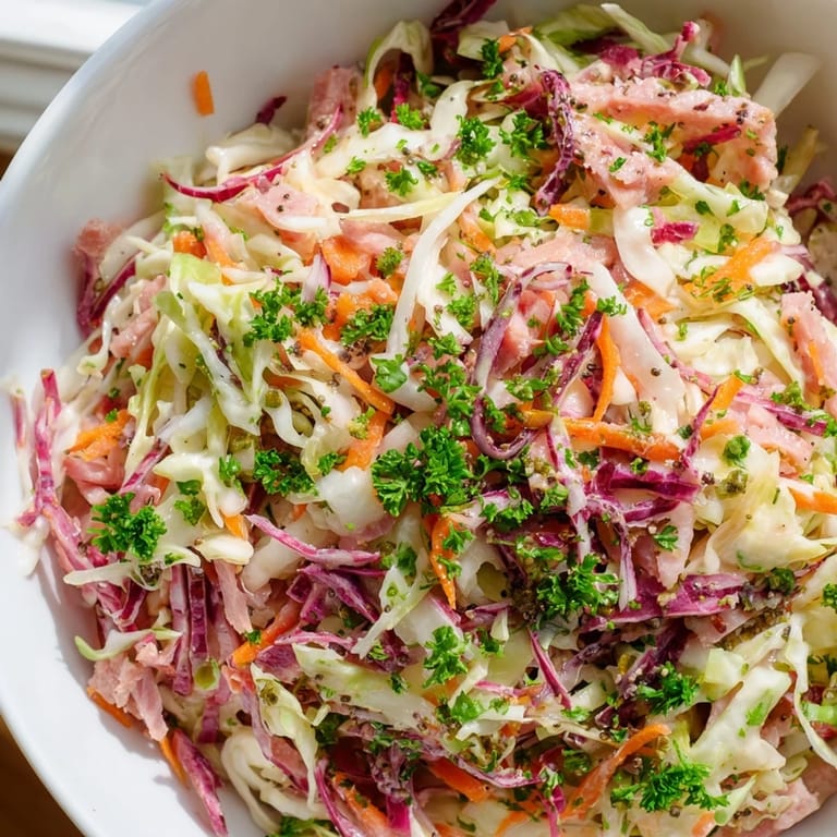 Delicioso German Cabbage Coleslaw With Shredded Ham listo para servir, espolvoreado con perejil fresco en un plato rústico.