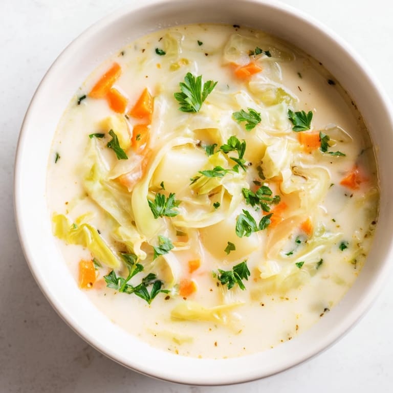 Deliciosa sopa europea de papas con repollo, de textura aterciopelada y llena de aroma a ajo y hierbas.