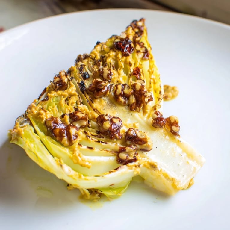 Crujientes gajos de col horneada sobre salsa romesco invernal con perejil y limón.