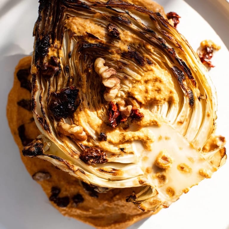 Baked Cabbage Salad With Winter Romesco servido caliente como plato principal vegetariano.