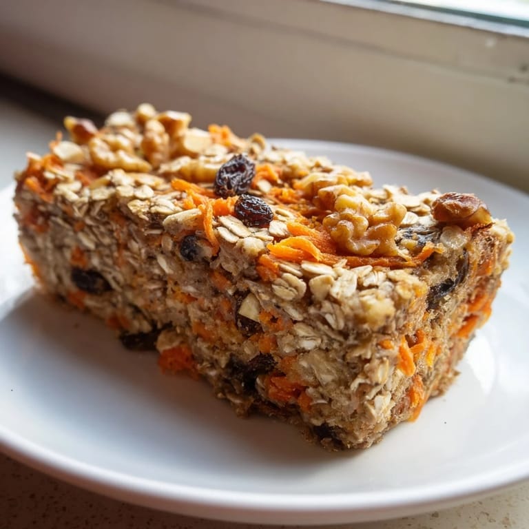 La cocción de avena al horno con zanahorias, servida tibia, muestra una textura esponjosa y dorada, ideal para preparar el desayuno con anticipación.