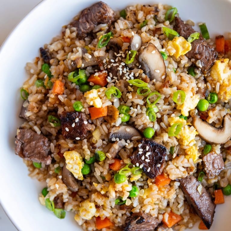 Primer plano de Easy Hibachi Steak With Fried Rice con bistec jugoso, zanahorias, guisantes y arroz frito en un fondo de cocina moderna.