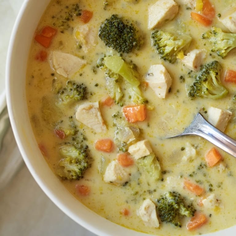 Comforting bowl of Chicken Broccoli Cheddar Soup, garnished with herbs and served alongside crusty bread.