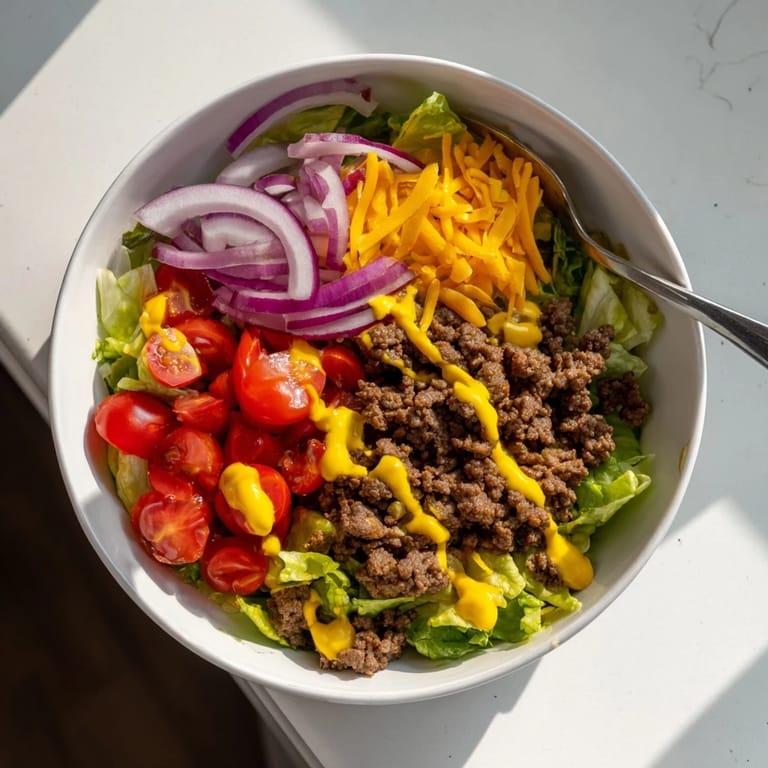 Easy Big Mac en un tazón para una cena rápida y sin gluten, servido con pepinillos.