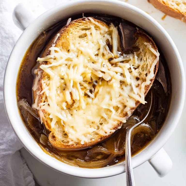La tradicional sopa francesa de cebolla lista para disfrutar, presentada con una capa de queso derretido y pan crujiente.