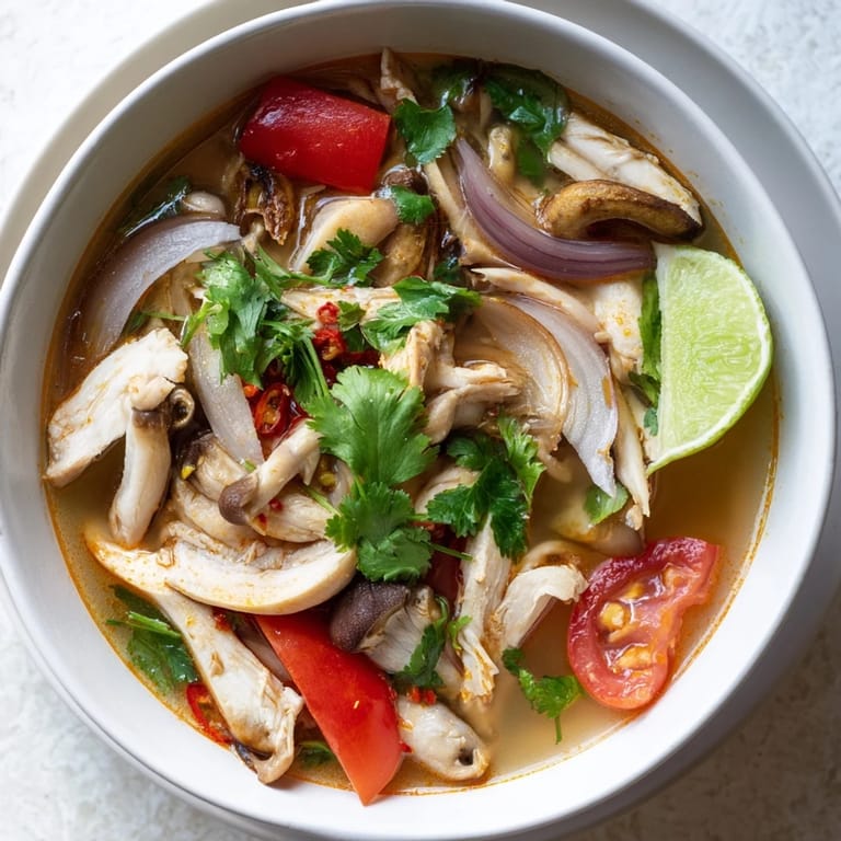 Cuchara de sopa Tom Yum Chicken levantando caldo espicy y sour, revelando trozos de pollo tierno y vegetales coloridos.